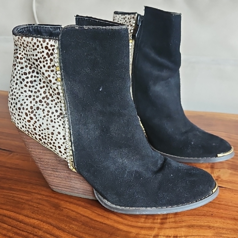 Animal Print Wedge Ankle Boots with Rhinestones